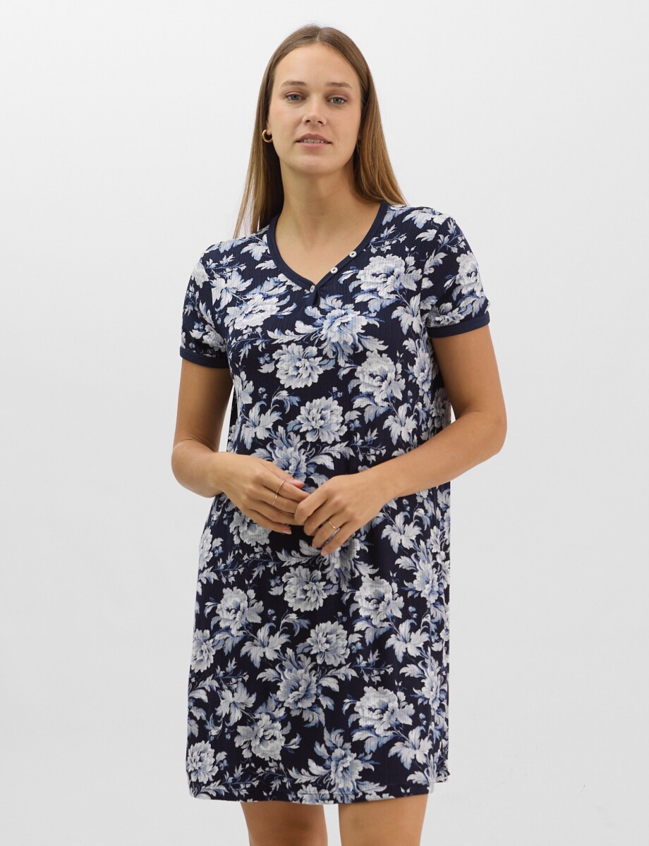 Camisón Con Textura Acanalada - Azul/multi 