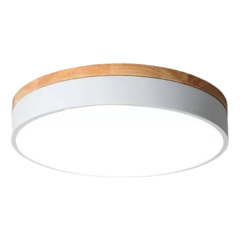 Luminaria Plafon Led Diám 30cm 18w Metal Y Madera Circular Blanco