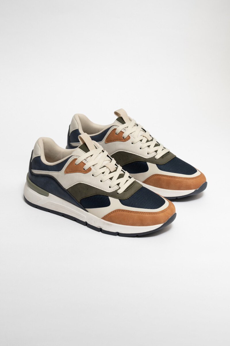 Zapatilla acordonada beige, y - Azul 