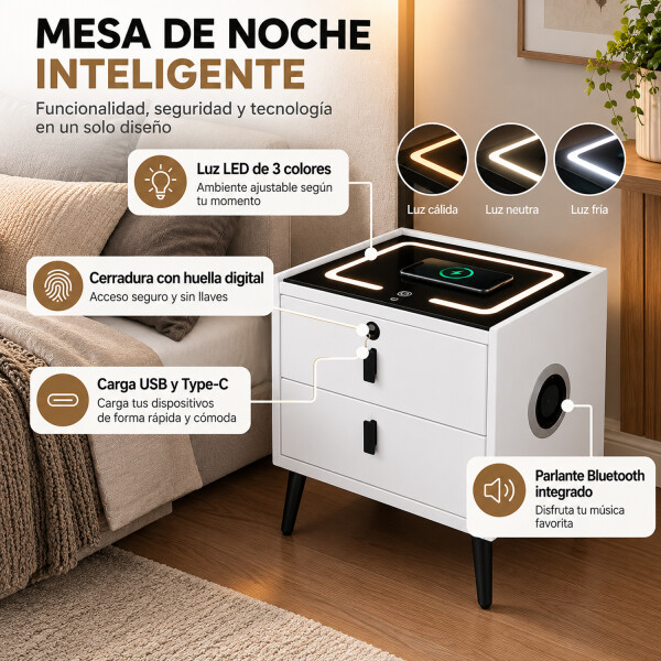 Mesa De Luz Inteligente Con Led, Carga Inalámbrica Y Parlante Bluetooth Esh0053b MESA DE LUZ LED MOVI BLANCO ESH0053B