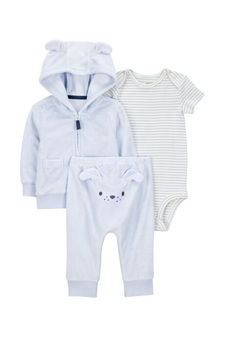 Set tres piezas de algodón, campera y pantalón de terry, más body, diseño perro Set tres piezas de algodón, campera y pantalón de terry, más body, diseño perro