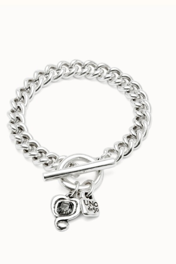 PULSERA DE CADENA DE ALEACIÓN DE METALES BAÑADA EN PLATA DE LEY CON CORAZON Y CRISTAL NEGRO Pulsera