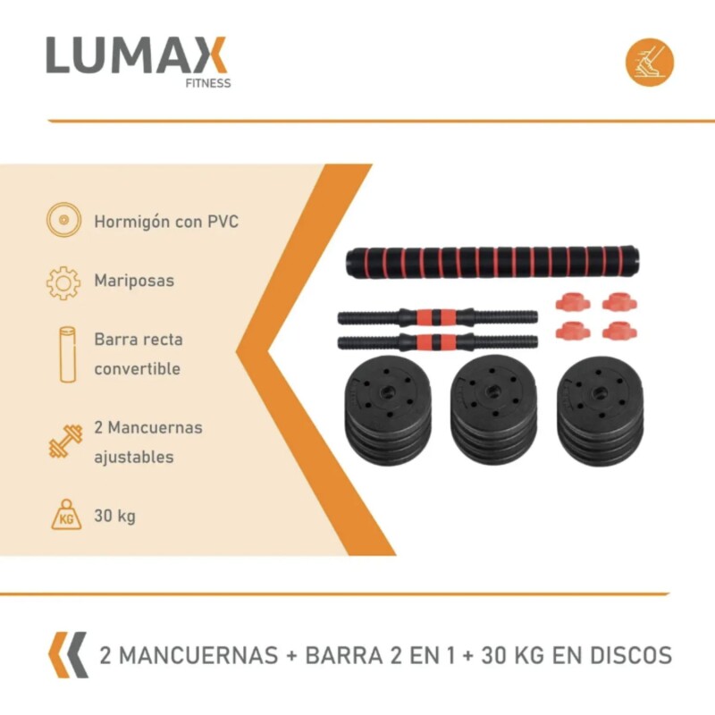 Set 2 Mancuernas Lumax + Barra 2 en 1 + 30kg Discos Pesas Rojo