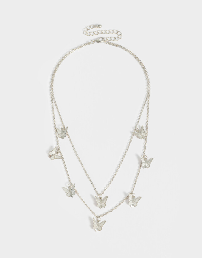 Collares Cortos Con Mariposas Collar Doble Con Mariposas - Plateado