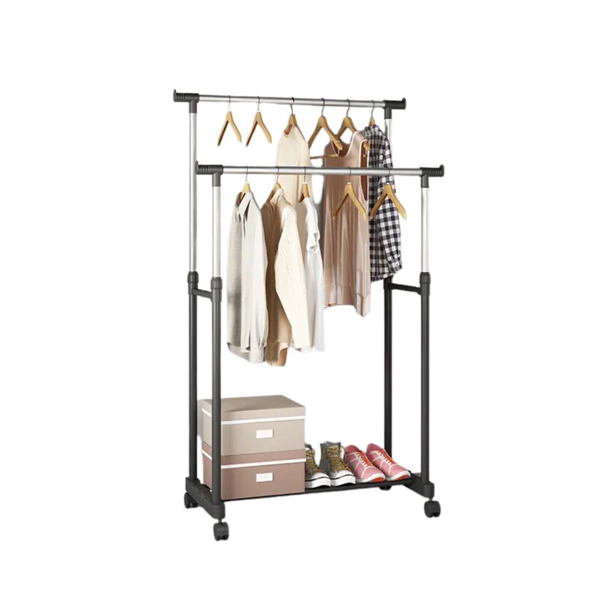 Perchero Para Ropa Doble Con Barras De Acero Inoxidable Ruedas Bloqueo Ropero Imback 