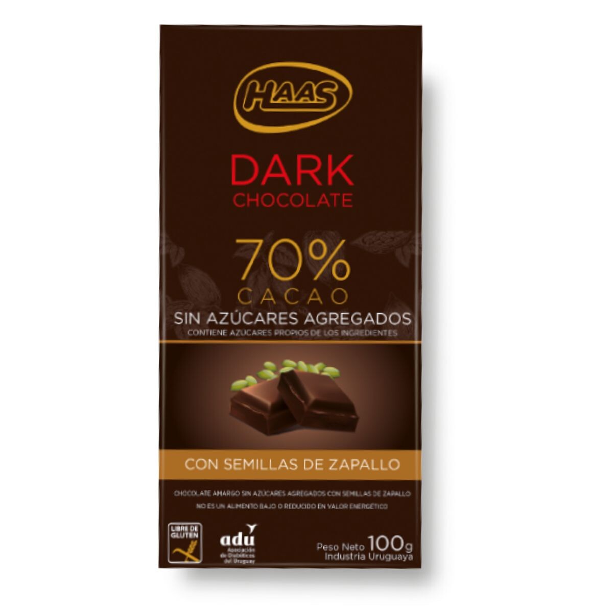Tableta de Chocolate HAAS Dark 70% Cacao Sin Azúcar Amargo con Semillas de Zapallo 100 GR 