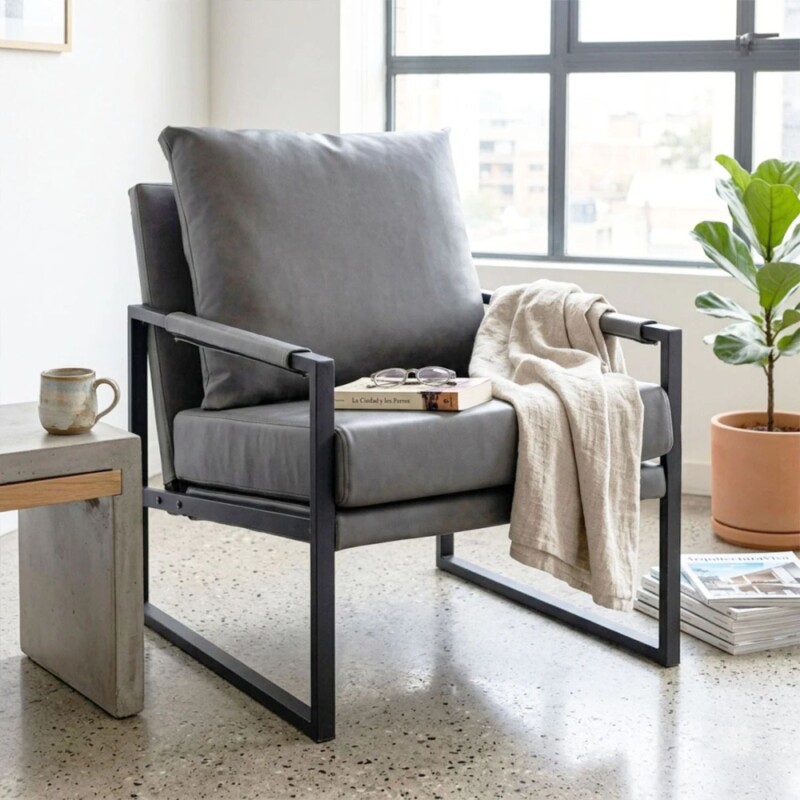 Sillón Poltrona Individual en Eco Cuero y metal Gris Oscuro