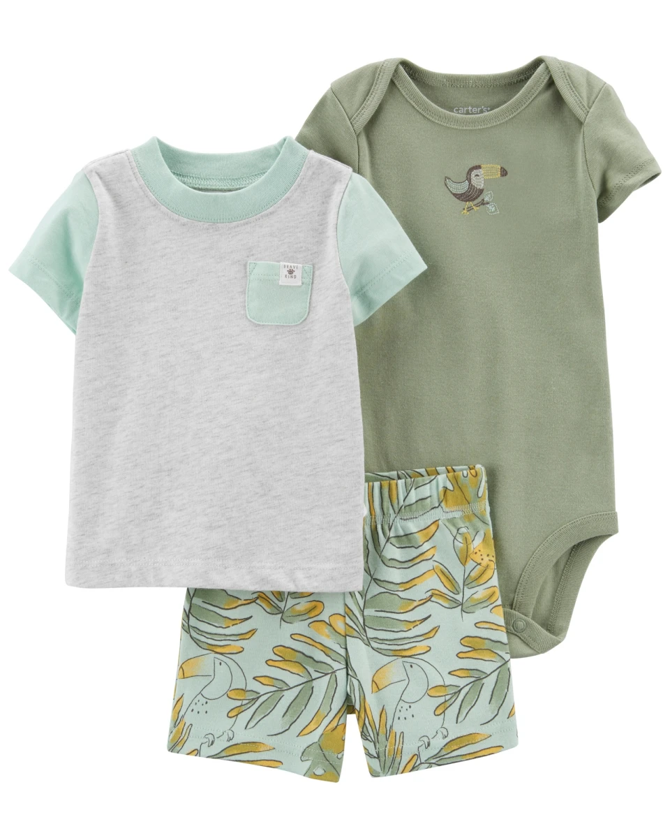 Set tres piezas short, remera y body de algodón diseño tucán 