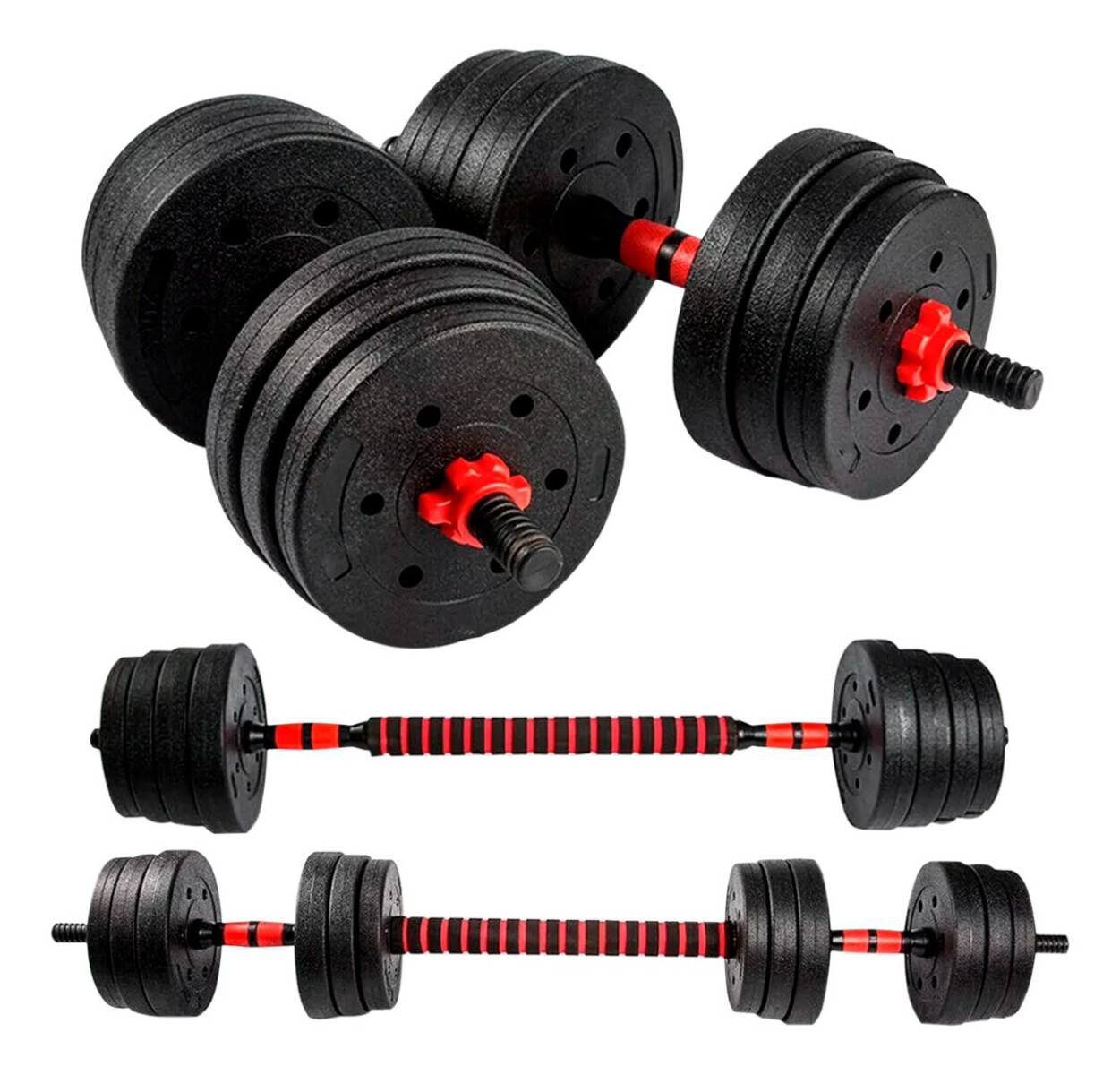 Kit 20 Kg Barra + Pesas + Mancuerna Entrenamiento Disco Forrado Ax 