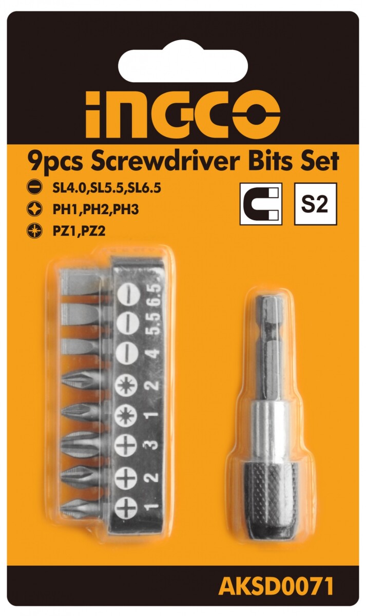 JUEGO 9 PUNTAS TALADRO ATORNILLADOR CON ADAPTADOR IMANTADO INGCO AKSD0071 