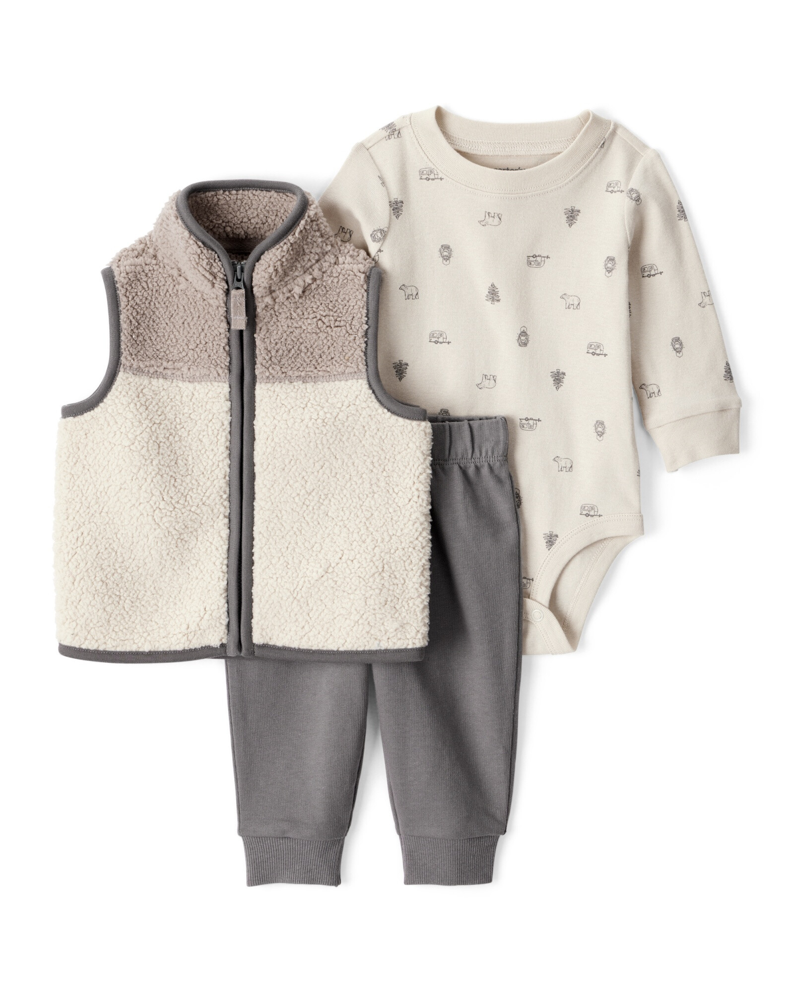 Set tres piezas, chaleco de sherpa, pantalón y body, diseño oso Set tres piezas, chaleco de sherpa, pantalón y body, diseño oso