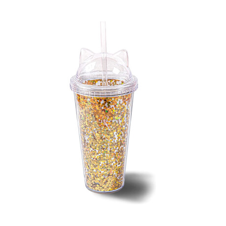 Vaso Gatito Brillantina 500 Ml Con Sorbito Dorado