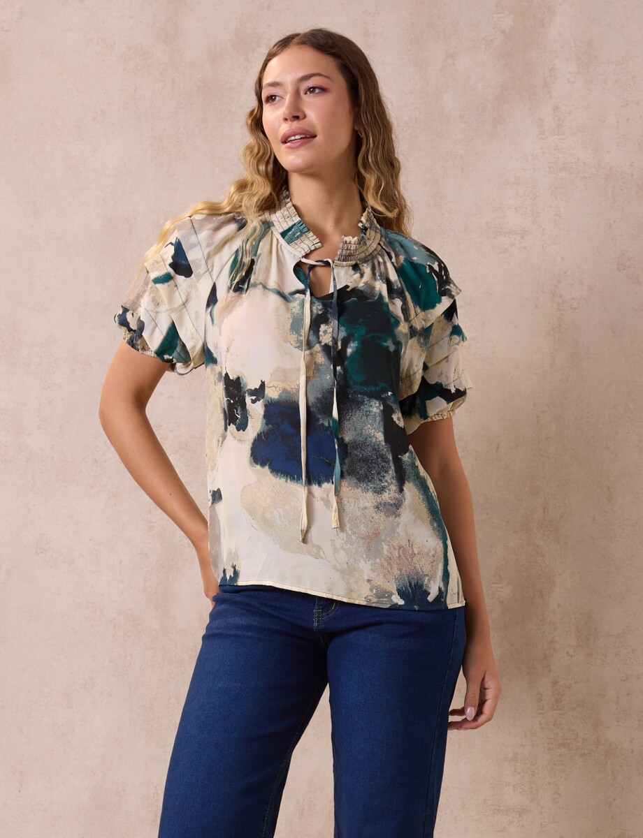 Blusa Cordel Manga Volados - Crudo/multi 