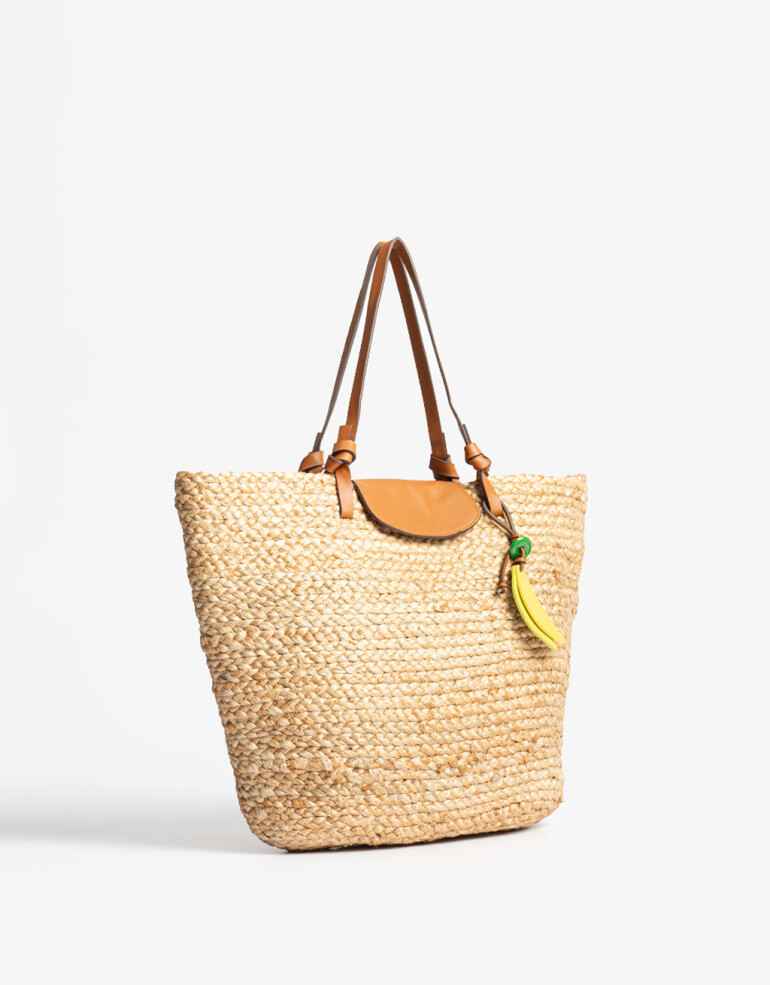 Shopper Shopper De Rafia Con Tag Colgante - Marron Beige