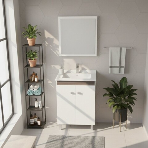 Mueble de Baño de Pie Atenea (56 cm) | Bicolor Blanco/Almendra con Bacha de Marmolina Mueble de Baño de Pie Atenea (56 cm) | Bicolor Blanco/Almendra con Bacha de Marmolina