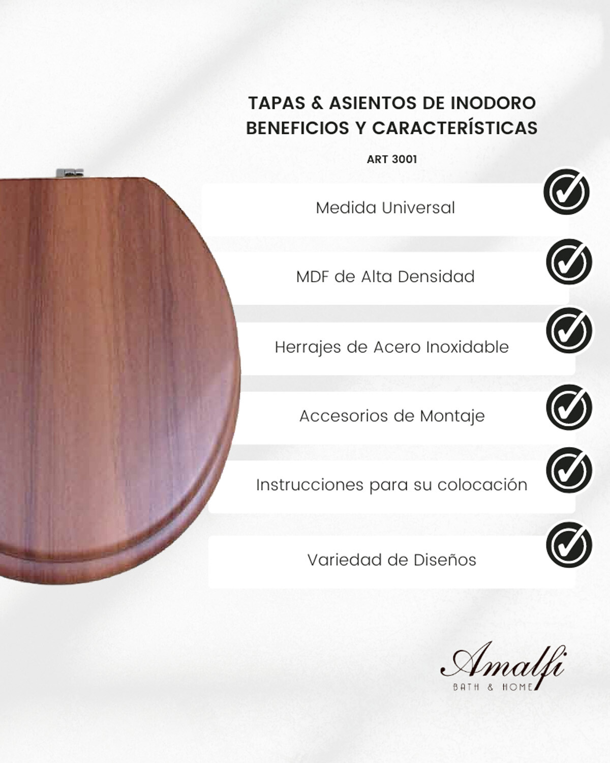 Tapa para inodoro universal Amalfi en MDF con herrajes en acero inoxidable  - Diseño 1 — Electroventas