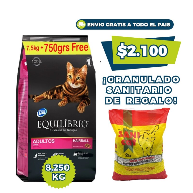 EQUILIBRIO GATOS ADULTOS 7.5 KG + 750 GRS + SANITARIO GRANULADO DE REGALO