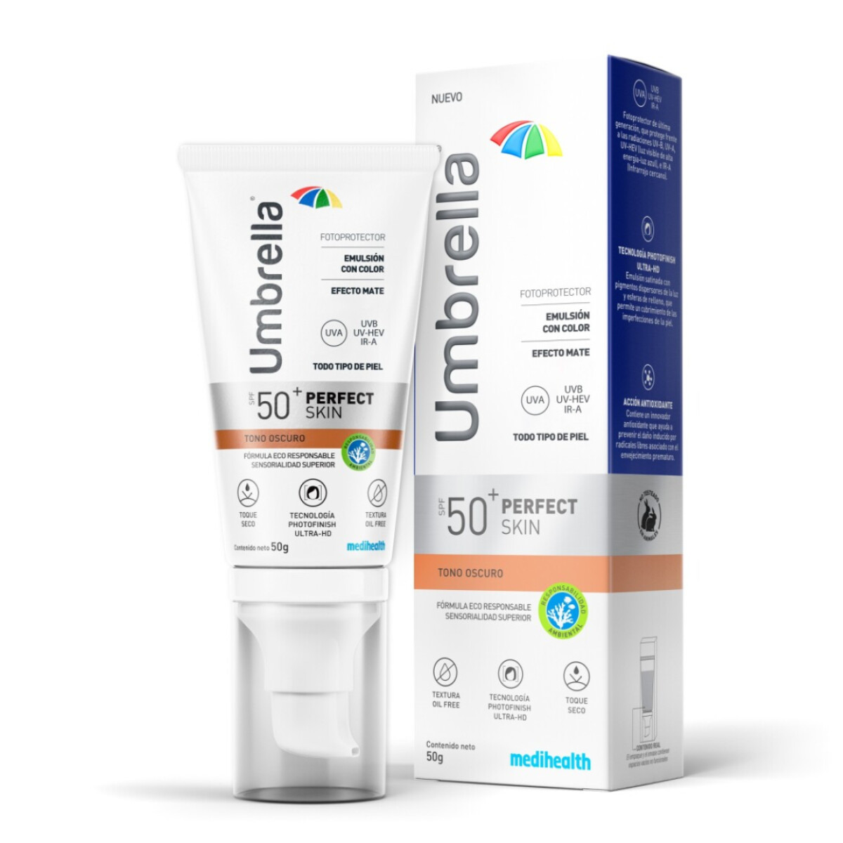 Protector Solar Umbrella Perfect Skin FPS 50+ Tono Oscuro – Alta Protección con Color y Efecto Matificante 