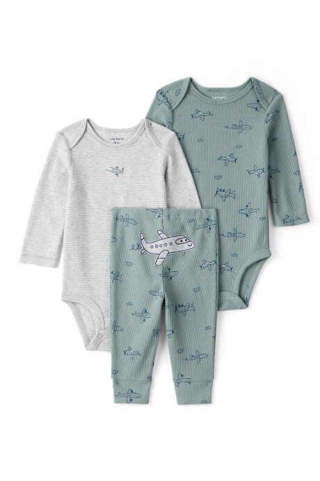 Set tres piezas de algodón, pantalón y dos bodies, diseño aviones Set tres piezas de algodón, pantalón y dos bodies, diseño aviones