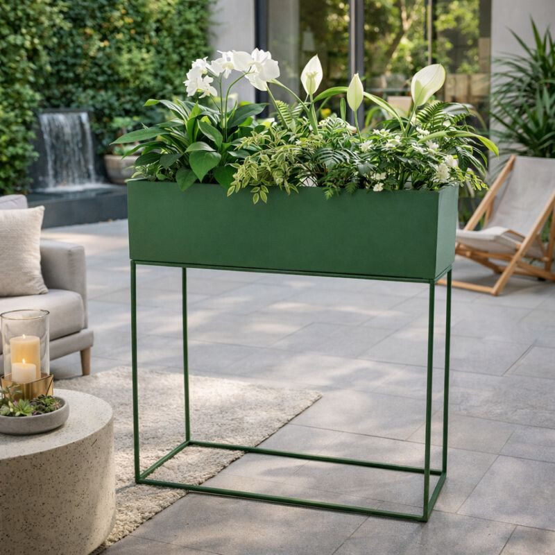 Maceta Rectangular Elevada con Pie Desmontable en Hierro Simil Hojalata Grande