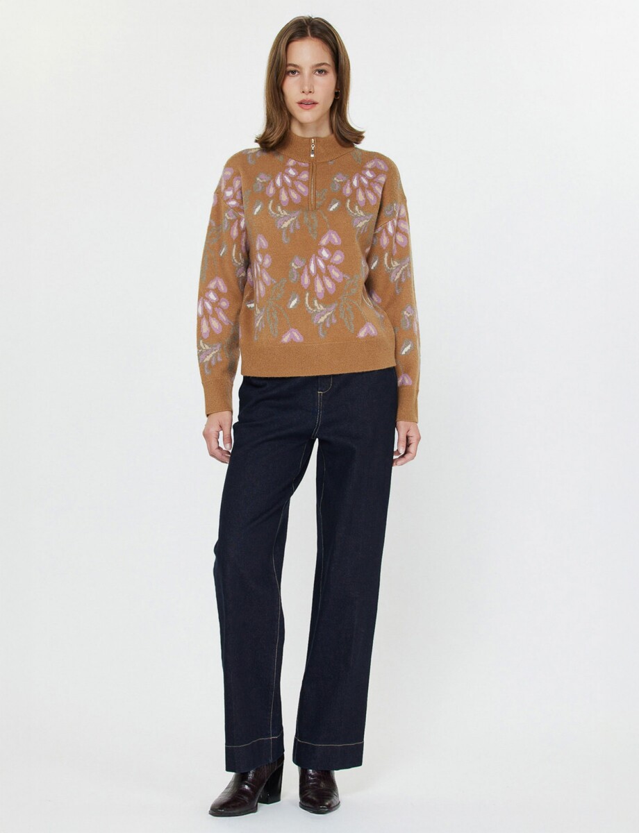 Buzo Zip Cuello Alto - Tostado/multi 