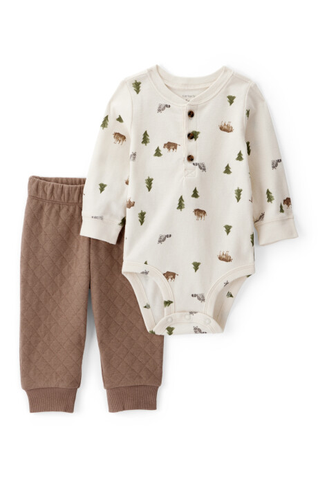 Set dos piezas de algodón, pantalón capitoneado y body, diseño bosque Sin color