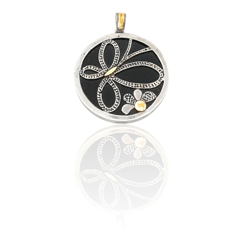 Dije Medalla Mariposa-PLata 925 y Oro-Con Piedra Resina Onix-CP5484 conpiedra