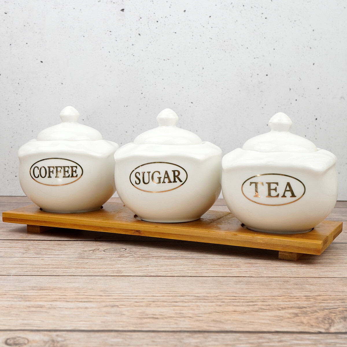 Set de 3 frascos de ceramica con tapa + bandeja de madera 