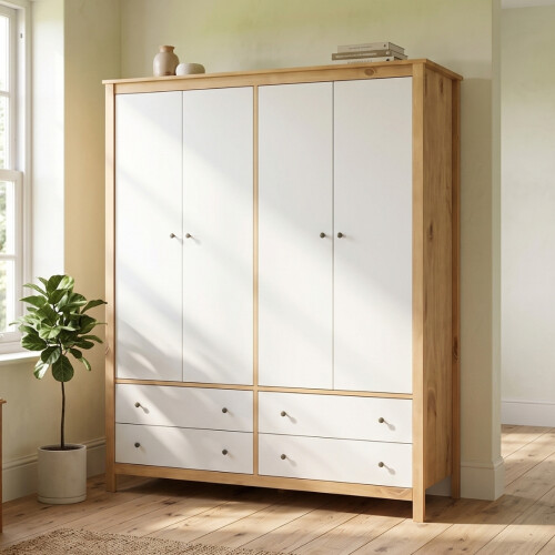 Ropero 4 Puertas 4 Cajones Madera Natural - Mari Blanco