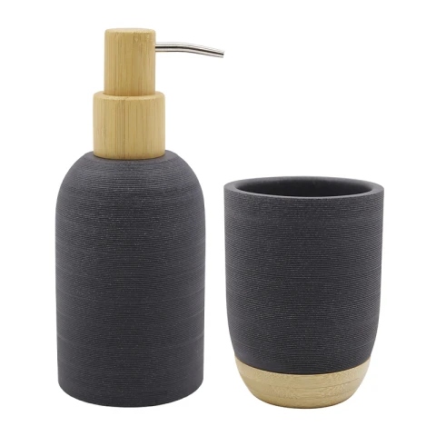 Set Baño Dispensador de Jabón y Porta Cepillo de Resina y Madera NEGRO