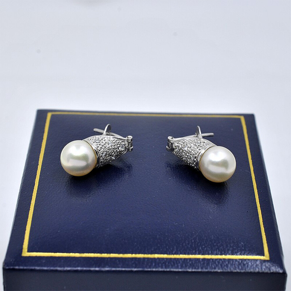 Caravanas Oro Blanco 18K, Perlas De Cultivo Y Brillantes Caravanas Oro Blanco 18K, Perlas De Cultivo Y Brillantes