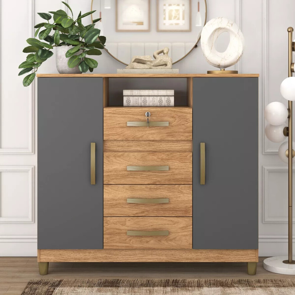 Cómoda cajonera 4 cajones 2 puertas - Con llave MARRÓN-GRIS