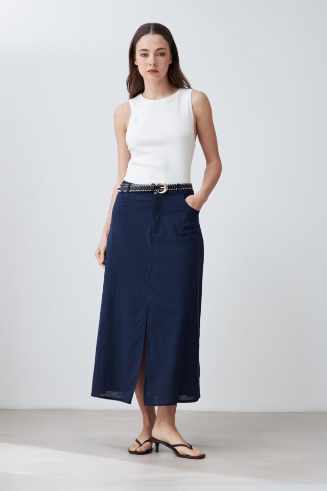 Falda midi con tajo azul marino