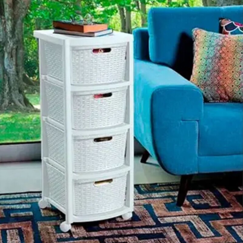 Cajonero Rimax Plastico Rattán Blanca 4 cajones, estante y ruedas Blanca Cajonero Rimax Plastico Rattán Blanca 4 cajones, estante y ruedas Blanca