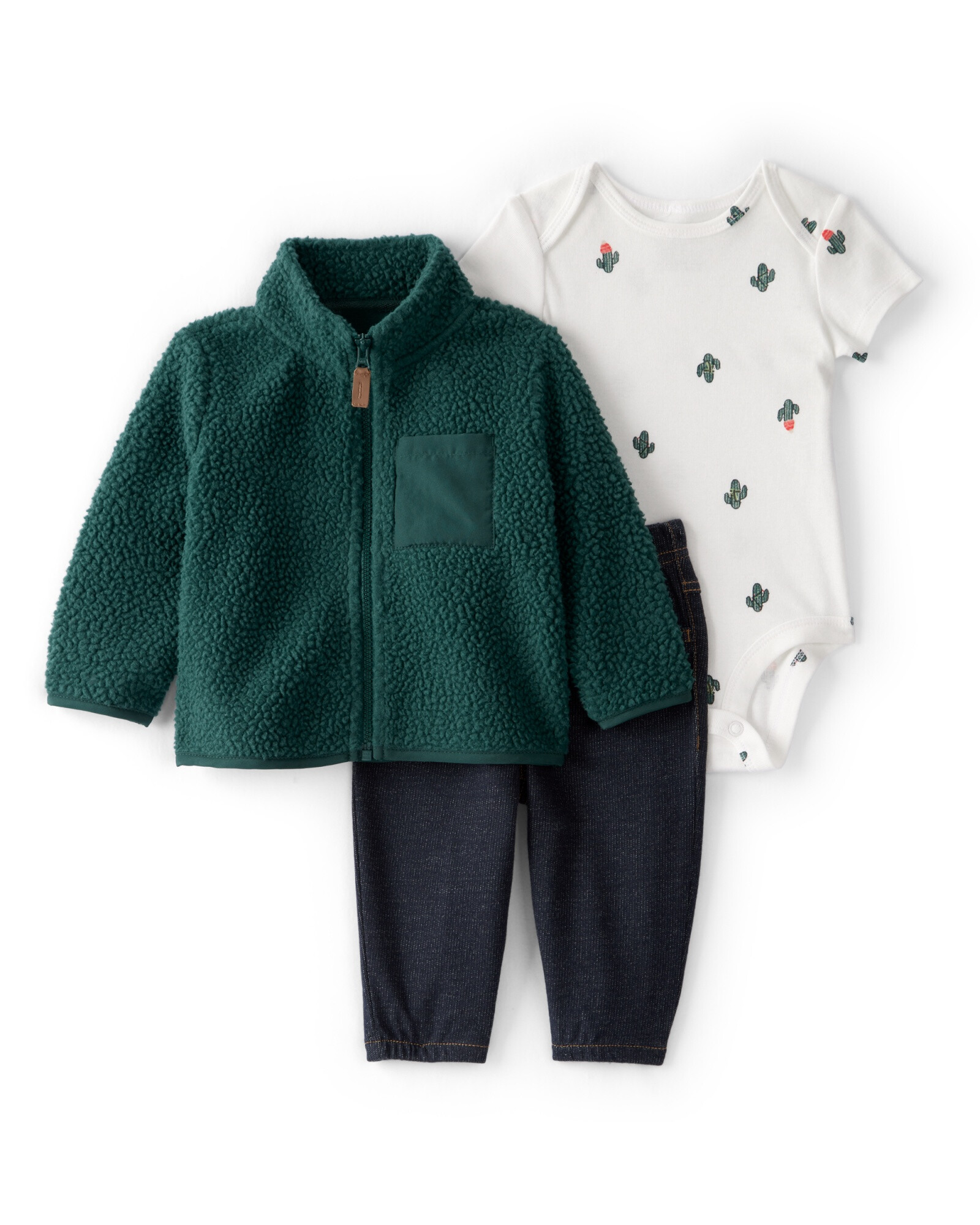 Set tres piezas, campera de sherpa, pantalón jean y body de algodón Sin color