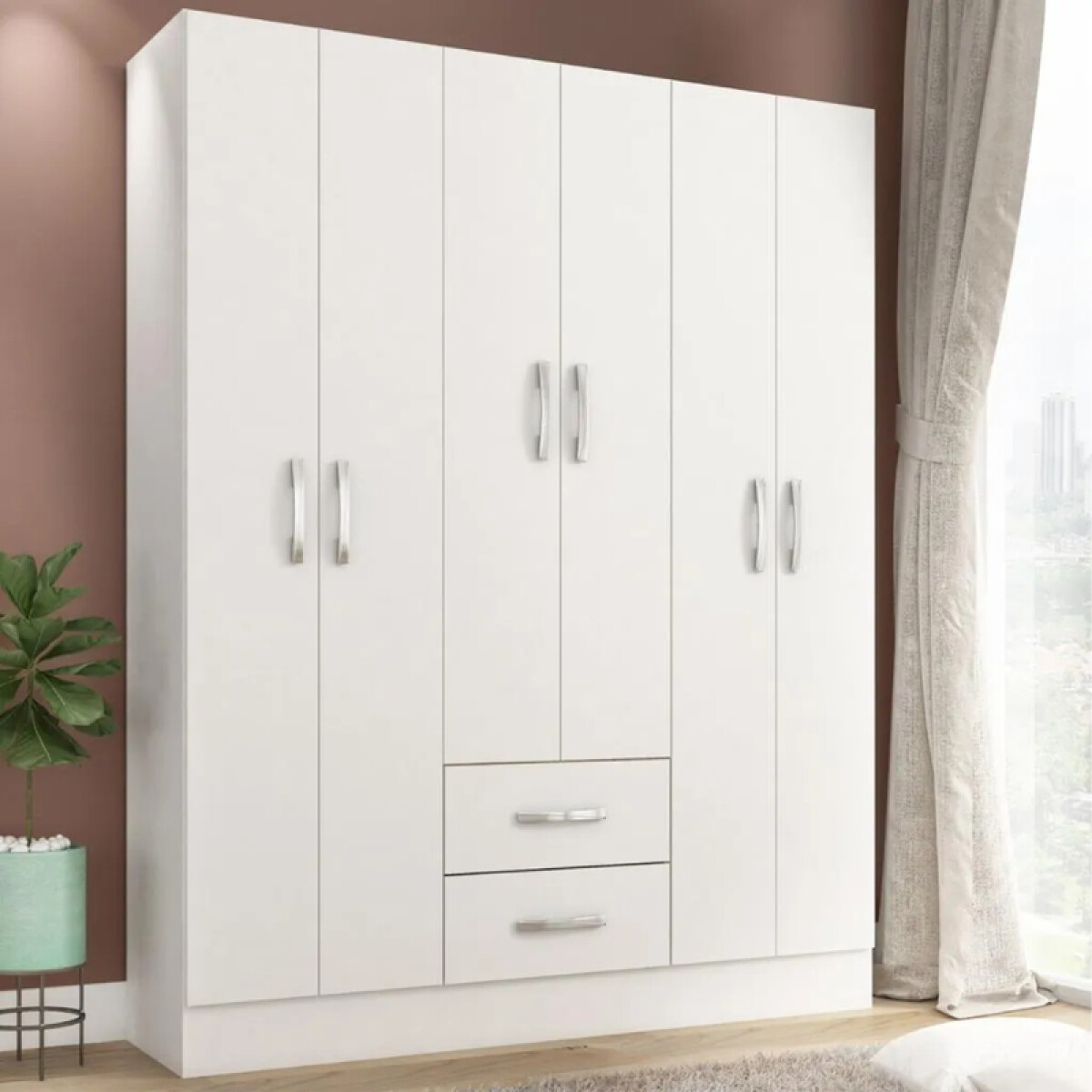 Ropero Armario 6 puertas 2 cajones con estantes y perchero 170 x 134 x 36 cm - Blanco 