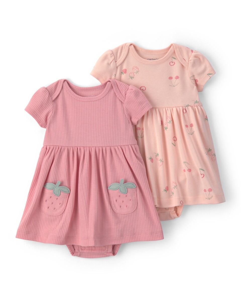 Pack dos vestidos de algodón, rosados, diseño frutillas 