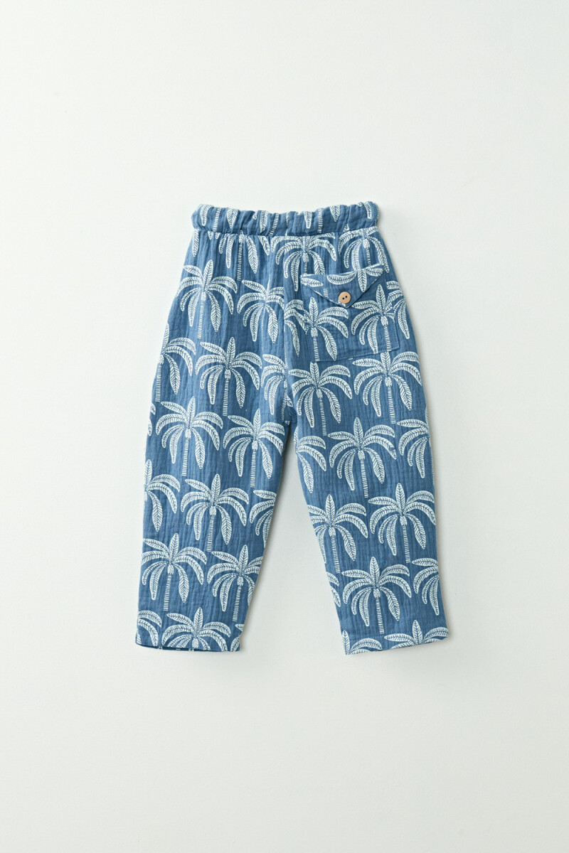 Pantalón de muselina Estampa Palmeras Azul