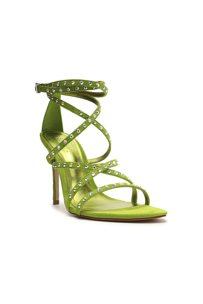 SANDALIA TACO ALTO FINO VERDE BRILLOS 