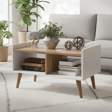 Mesa de Centro Escandinava Retro con Patas - MDP 15mm - Blanco / Miel Mesa de Centro Escandinava Retro con Patas - MDP 15mm - Blanco / Miel
