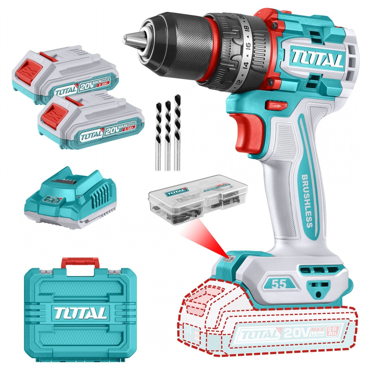 Taladro Percutor Y Atornillador Inalámbrico 20v - Doble Batería, Cargador Y Maletín - Sin Carbones 