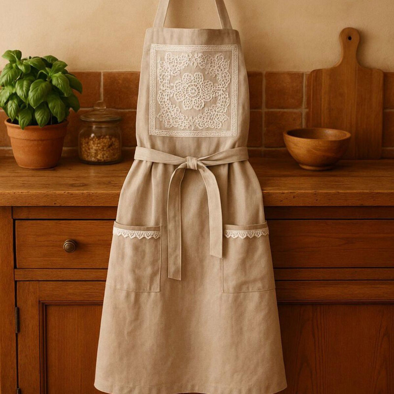 Delantal de Cocina en Algodón con Detalles en Puntilla Beige
