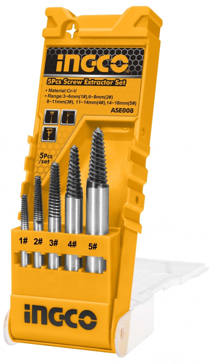 KIT 5 CONTRA MACHO EXTRACTOR DE TORNILLOS INGCO ASE008 