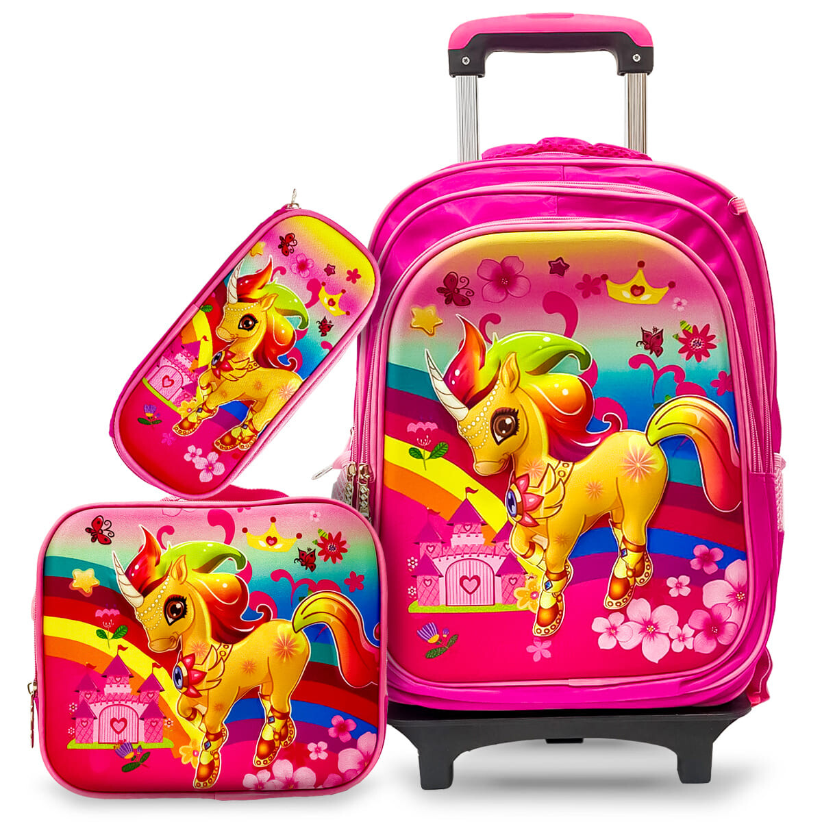 Set X3 Mochila C/ Carro + Bolso + Cartuchera P Niña - Rosa Unicornio Dorado 