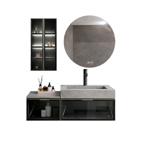 CONJUNTO DE BAÑO HABITARE MODELO SY1086-100 / MUEBLE + BACHA + ESPEJO CIRCULAR C/ LUZ LED - 100 cm Conjunto De Baño Habitare Modelo Sy1086-100 / Mueble + Bacha + Espejo Circular C/ Luz Led - 100 Cm