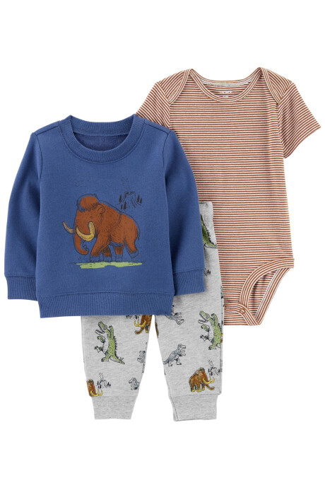 Set tres piezas de algodón, pantalón, buzo y body, estampa mamut Set tres piezas de algodón, pantalón, buzo y body, estampa mamut
