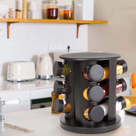 Especiero Giratorio Redondo con 12 Frascos para Condimentos Negro