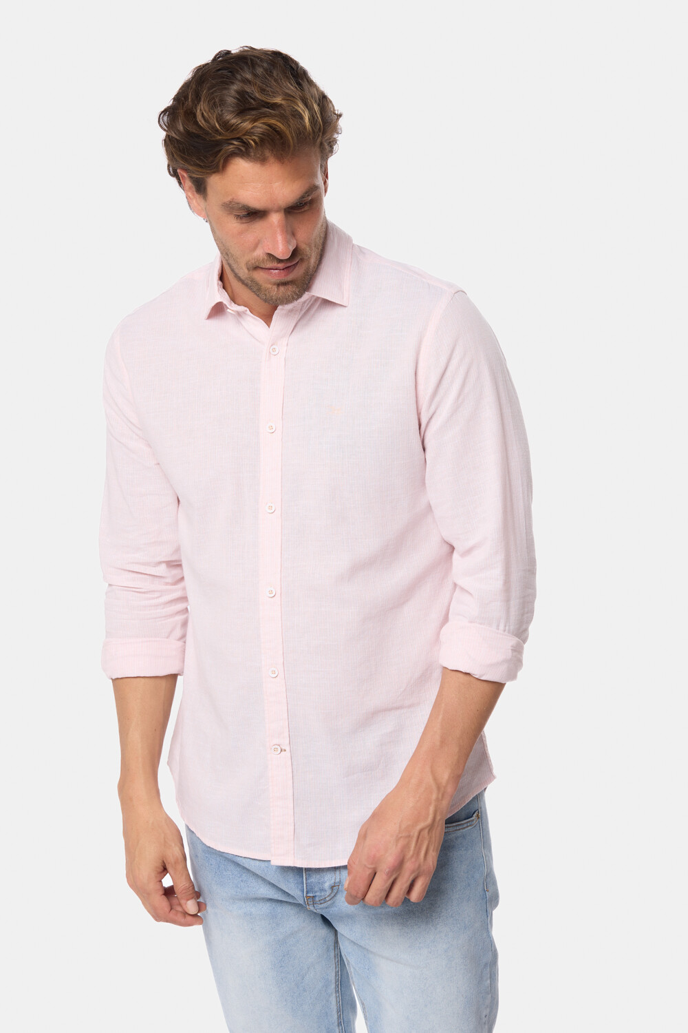 CAMISA RAYADA DE LINO Rosa