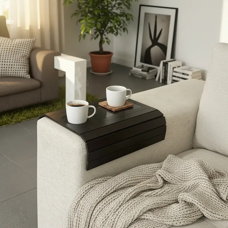 Bandeja Para Brazo Del Sofá Con Posavaso - Color Chocolate Bandeja Para Brazo Del Sofá Con Posavaso - Color Chocolate