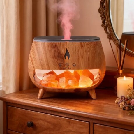 Difusor de Aromas Ultrasónico con Piedras de Sal de Himalaya y Efecto Llama LED - Marrón Difusor de Aromas Ultrasónico con Piedras de Sal de Himalaya y Efecto Llama LED - Marrón